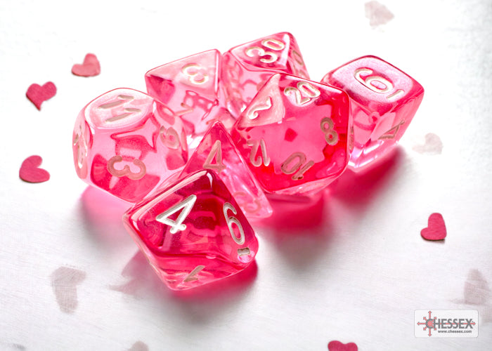 Translucent Mini Pink/White 7pc Dice Set