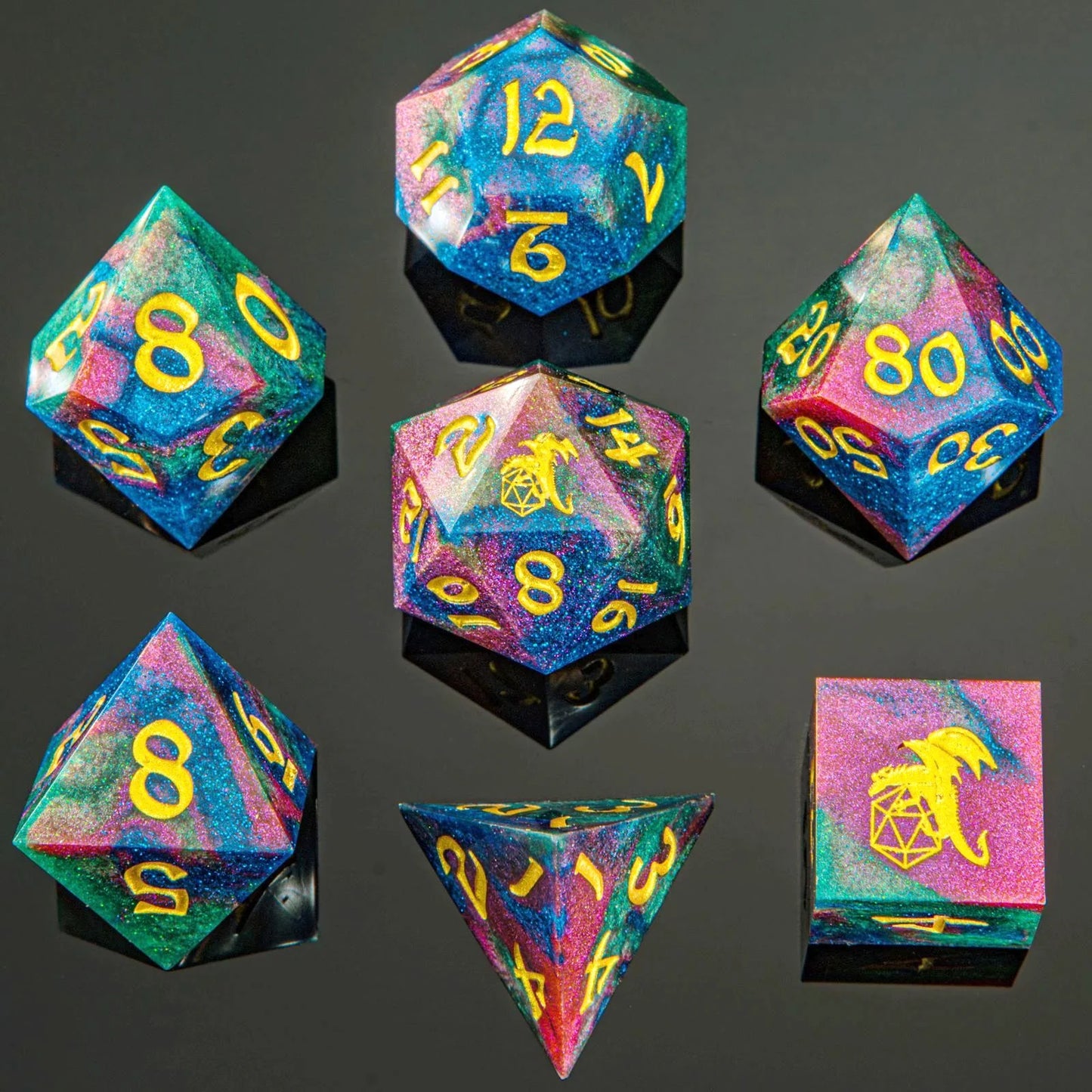Captured Magic Handmade Sharp Edge Resin 7pc Dice Set Chromatic Dragon