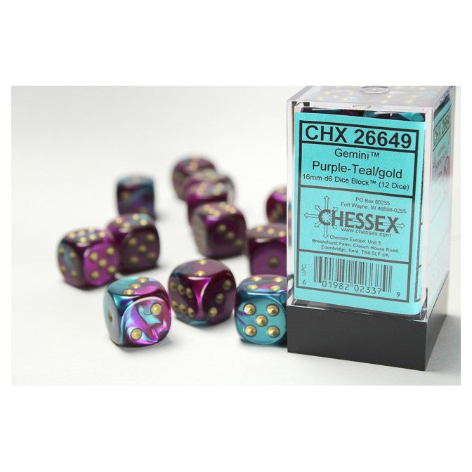 Gemini Purple-Teal/Gold 16mm d6 Dice Block (12 Dice)