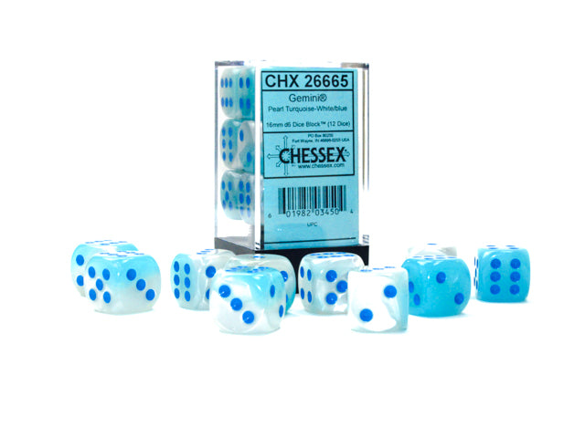 Gemini 12D6 Pearl Turquoise-White/Blue Luminary Dice Block