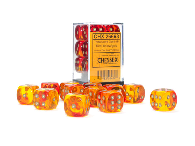 Gemini Translucent Red-Yellow/Gold 12D6 Dice Set