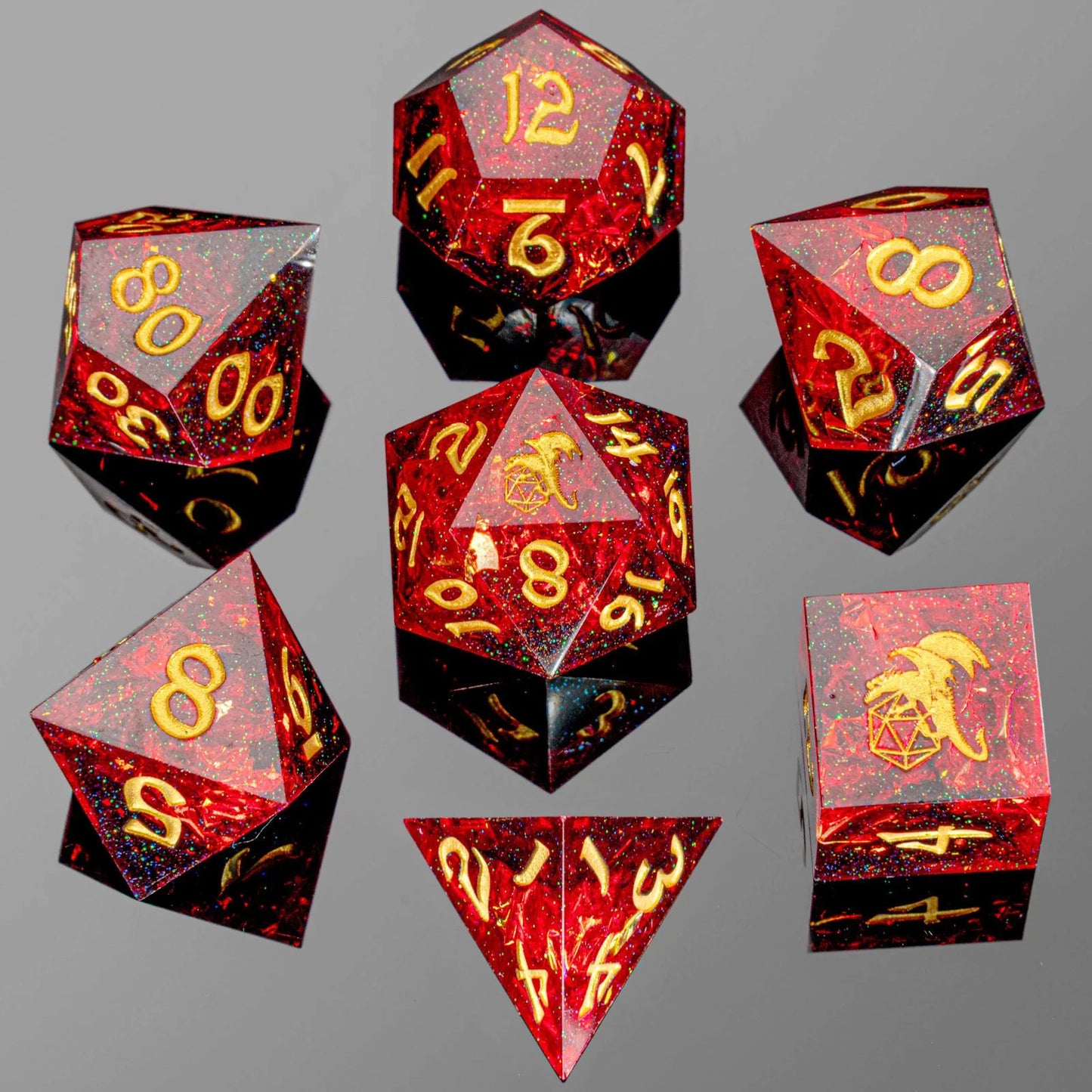 Captured Magic Handmade Sharp Edge Resin 7pc Dice Set Red