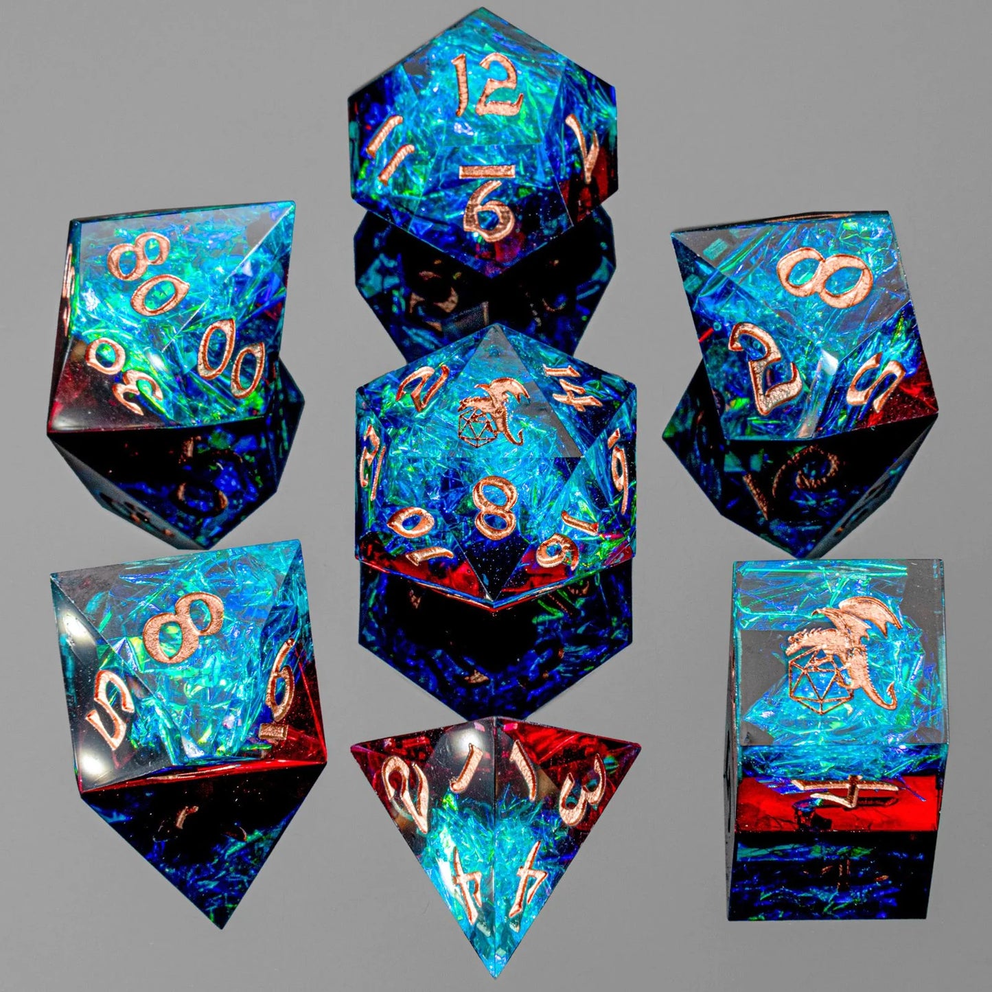 Captured Magic Handmade Sharp Edge Resin 7pc Dice Set Blue Red Layered