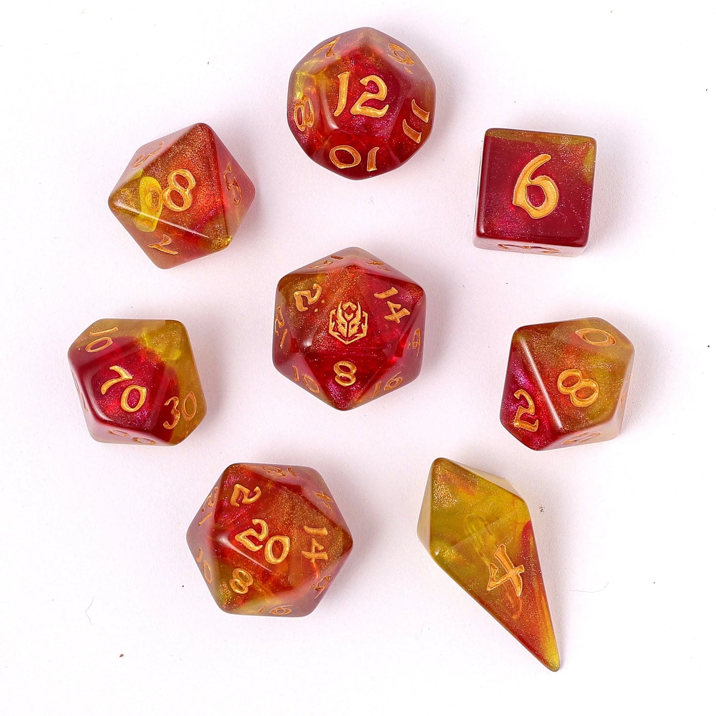 Wyrmforged Rollers Round Edge 8pc Dice set Phoenix Feather