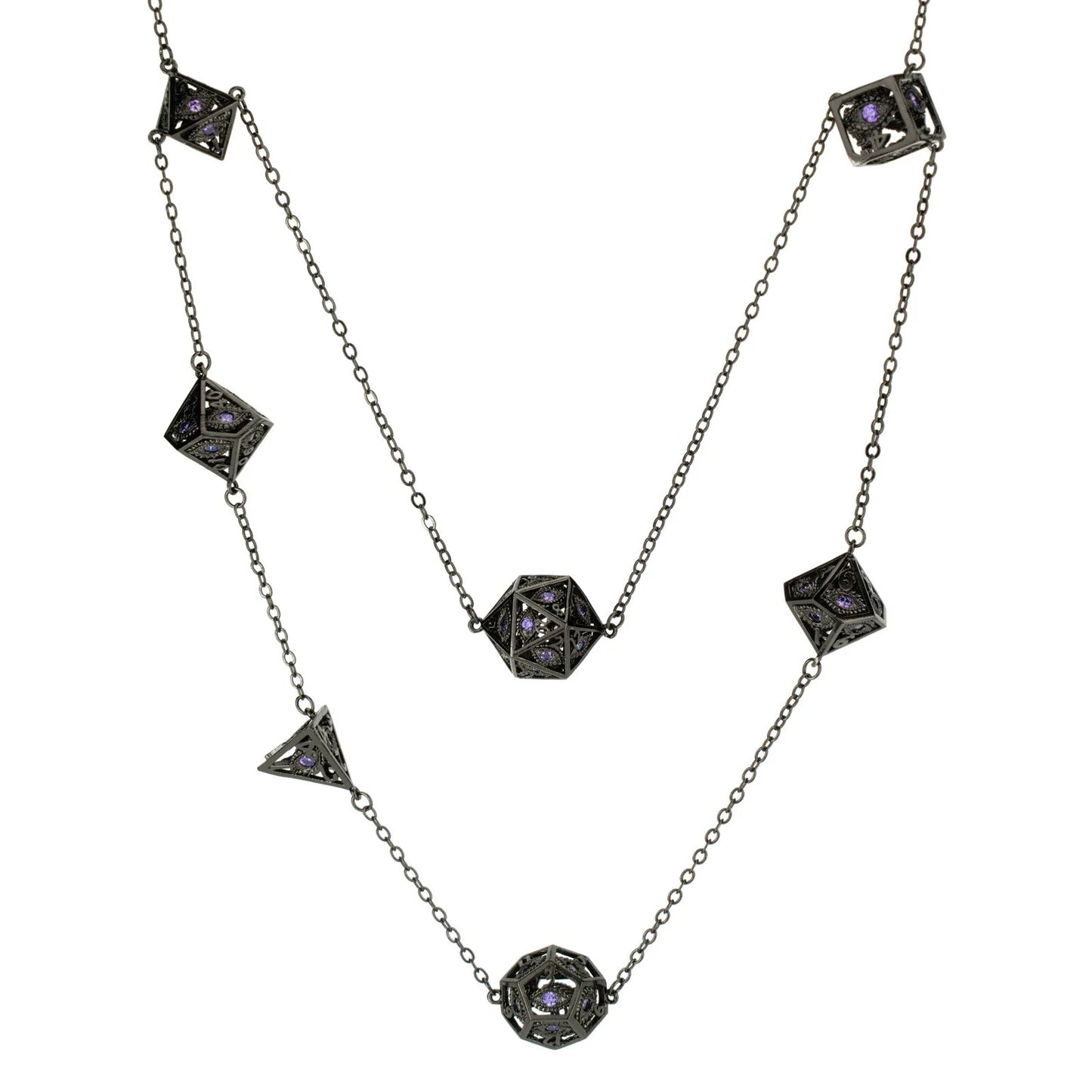 Dragon's Eye 7 die Necklace Gunmetal w/Purple Gems