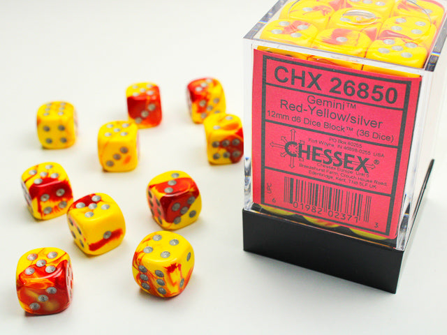 Gemini Red-Yellow/Silver 12mm d6 Dice Block (36 Dice)