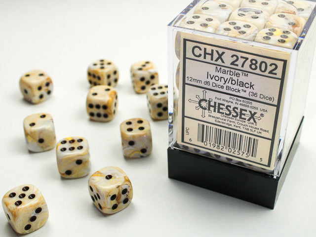 Marble Ivory/Black 12mm d6 Dice Block (36 Dice)