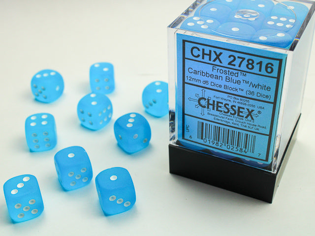 Frosted Caribbean Blue/White 12mm d6 Dice Block (36 Dice)