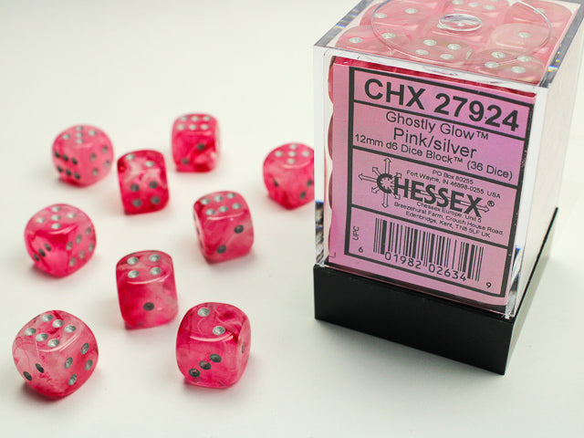 Ghostly Glow Pink/Silver 12mm d6 Dice Block (36 Dice)