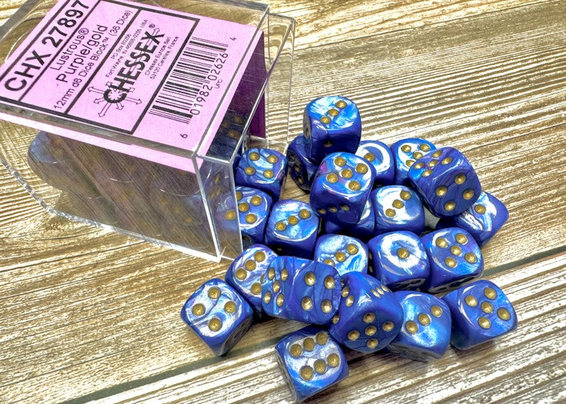 Lustrous Purple/Gold 12mm d6 Dice Block (36 Dice)
