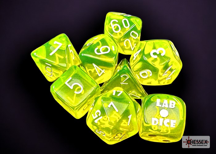 Lab Dice 7: Translucent Neon Yellow/White 8pc Set