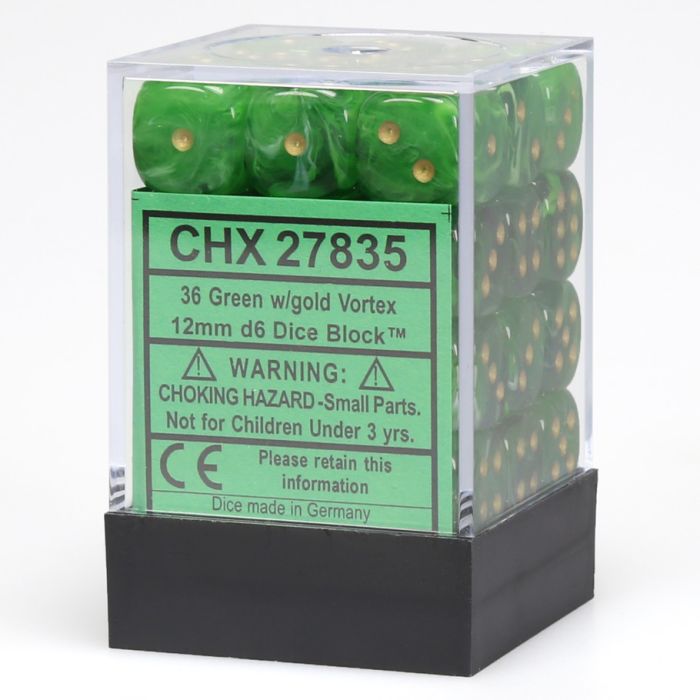 Vortex Green/Gold 12mm d6 Dice Block (36 Dice)
