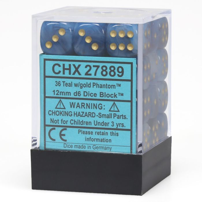 Phantom Teal/Gold 12mm d6 Dice Block (36 Dice)
