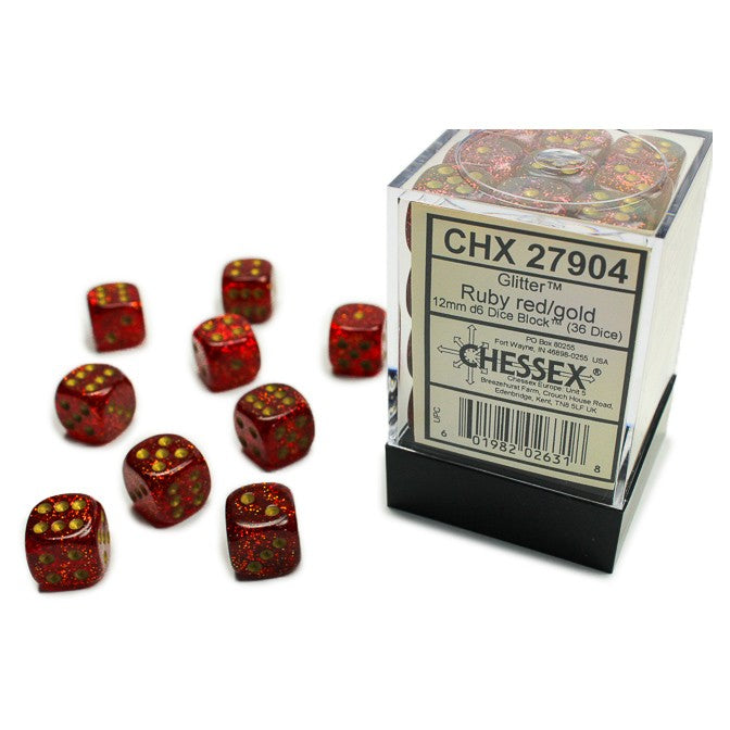 Glitter Ruby Red/Gold 12mm d6 Dice Block (36 Dice)
